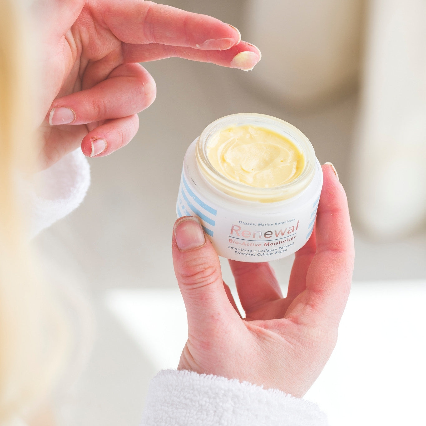 Renewal Bio-Active Moisturiser jar with natural ingredients for deep hydration and skin rejuvenation on a clean white background